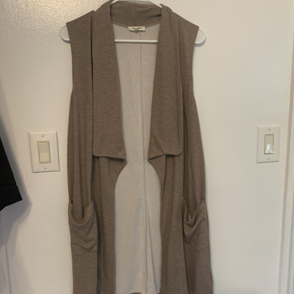 Max Studio Cardigan Duster Vest M Drape Pocket Brown Jersey Lagenlook Sleeveless
